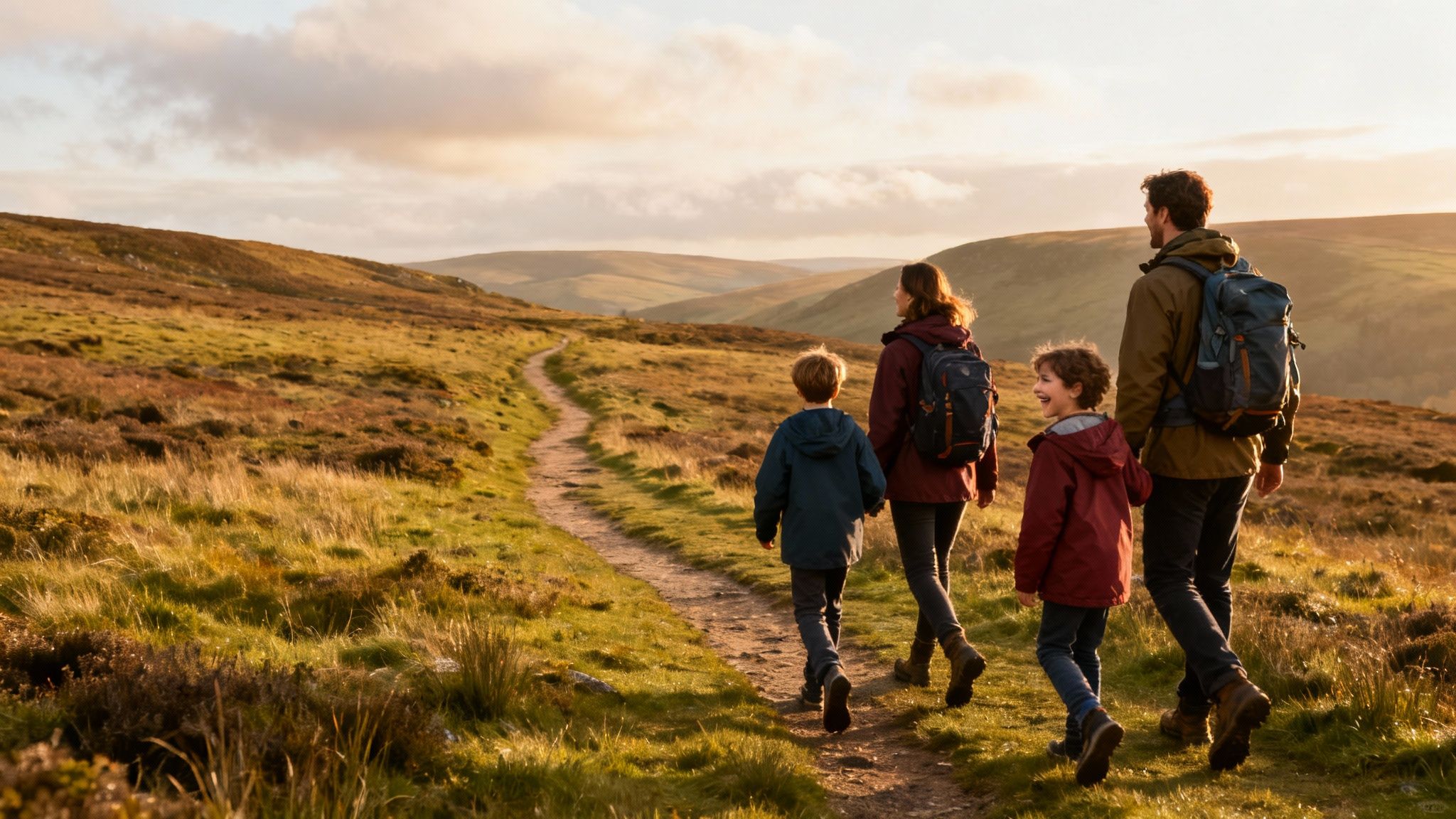 adventure family holidays in uk - unforgettable family trips 3 A family hiking together on a trail in the UK, showcasing an adventure holiday.
