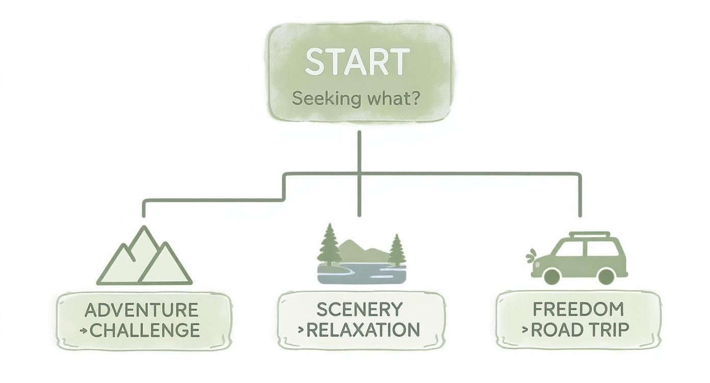 A flowchart diagram presenting three travel choices: adventure, scenery, or road trip, stemming from 'Seeking what?'.