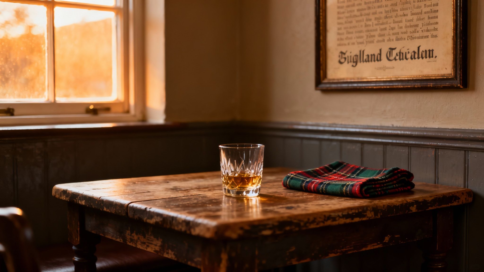 Crystal whisky glass and tartan cloth on rustic wooden table in Scottish pub