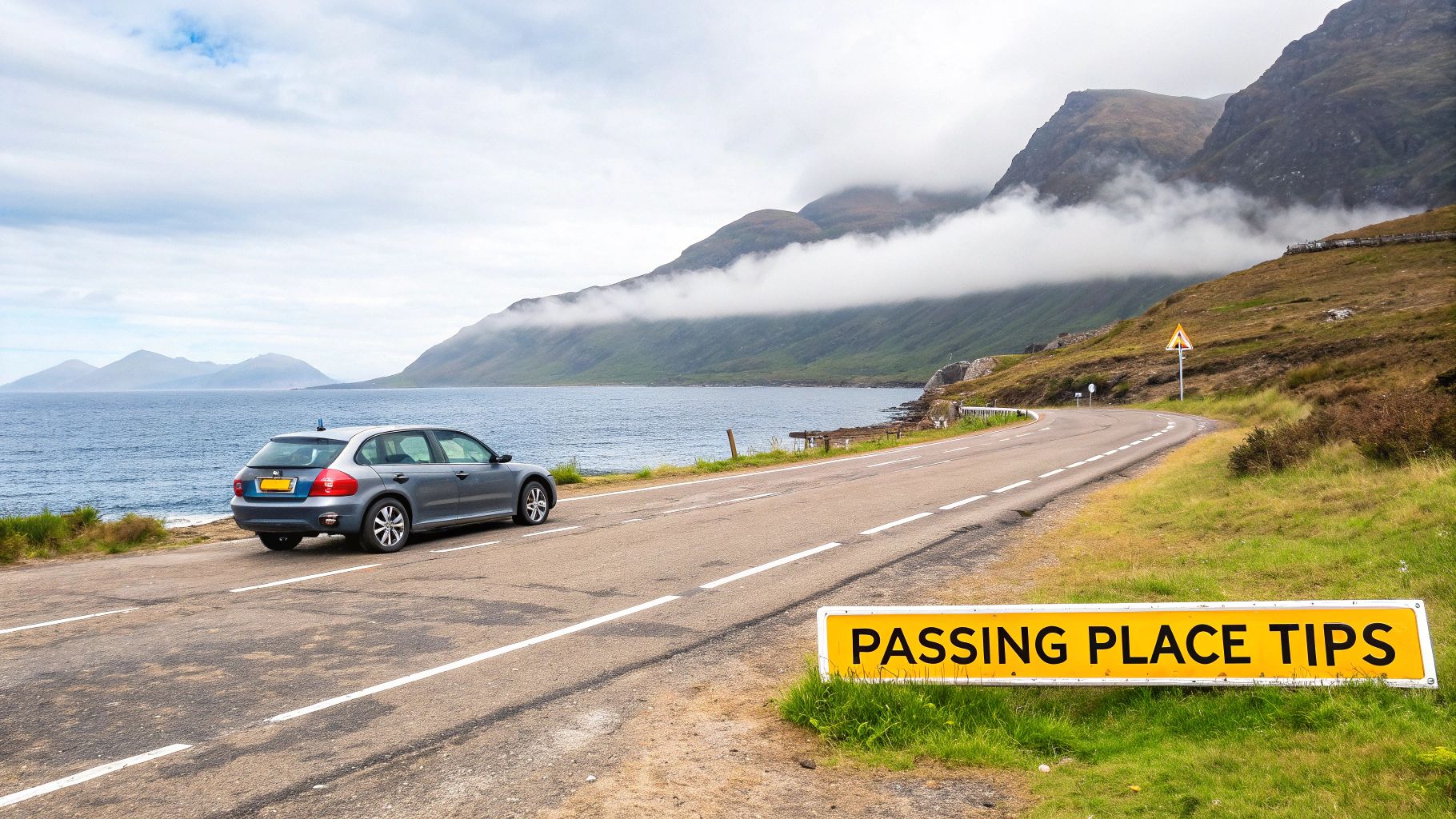A grey car parked on a winding coastal road in Scotland, with mountains, a lake, and a 'Passing Place Tips' sign.