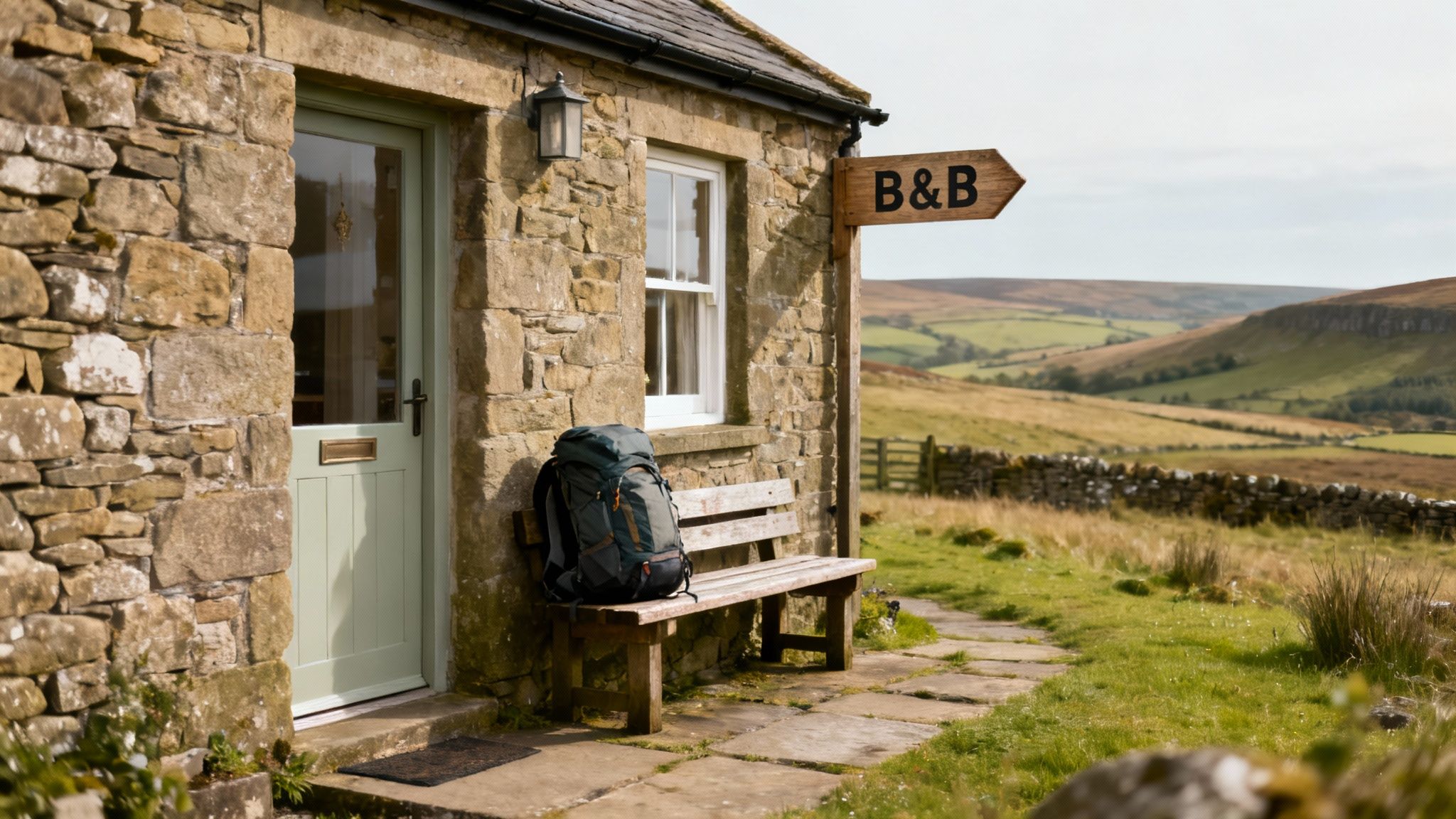 Rustic stone bed and breakfast cottage with wooden sign overlooking rolling Pennine Way countryside hills