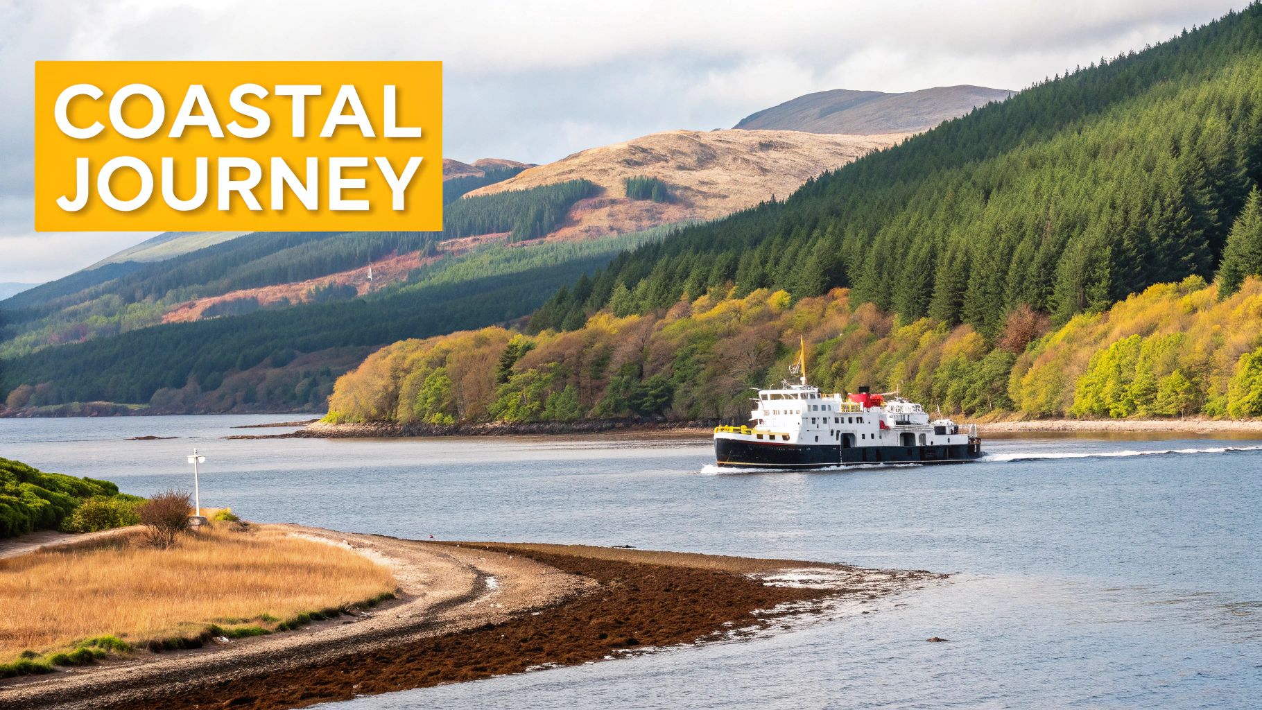 A tranquil view of the Argyll Coastal Route with a castle by a loch
