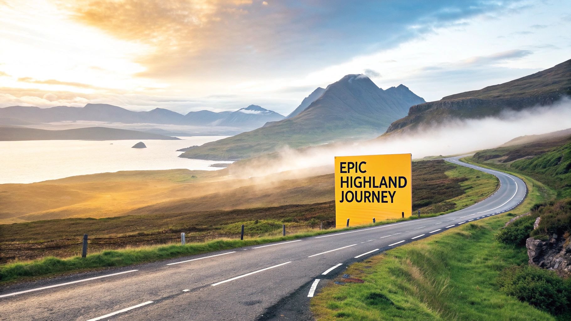 A winding road through misty Scottish Highlands with mountains, a loch, and an 'Epic Highland Journey' sign.