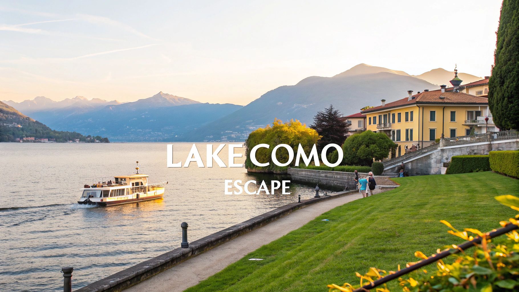 A serene view of Lake Como, Italy, with a boat on the water, majestic mountains, and a grand lakeside villa at sunset.