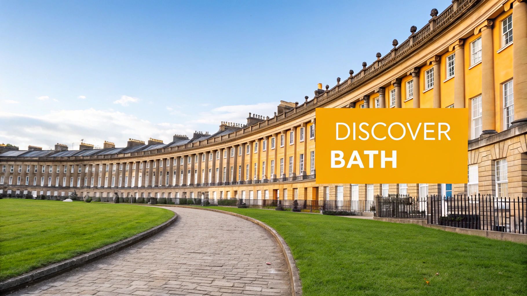 The iconic Royal Crescent in Bath, showcasing its impressive curved Georgian architecture and a lush green lawn.