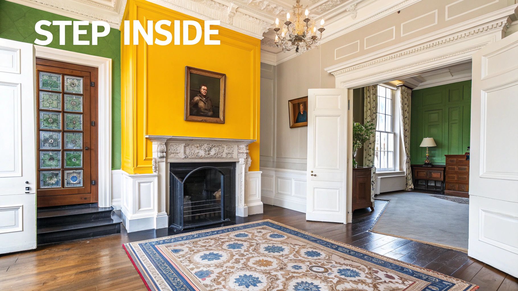 Ornate Georgian interior with vibrant yellow walls, fireplace, chandelier, and a detailed rug.