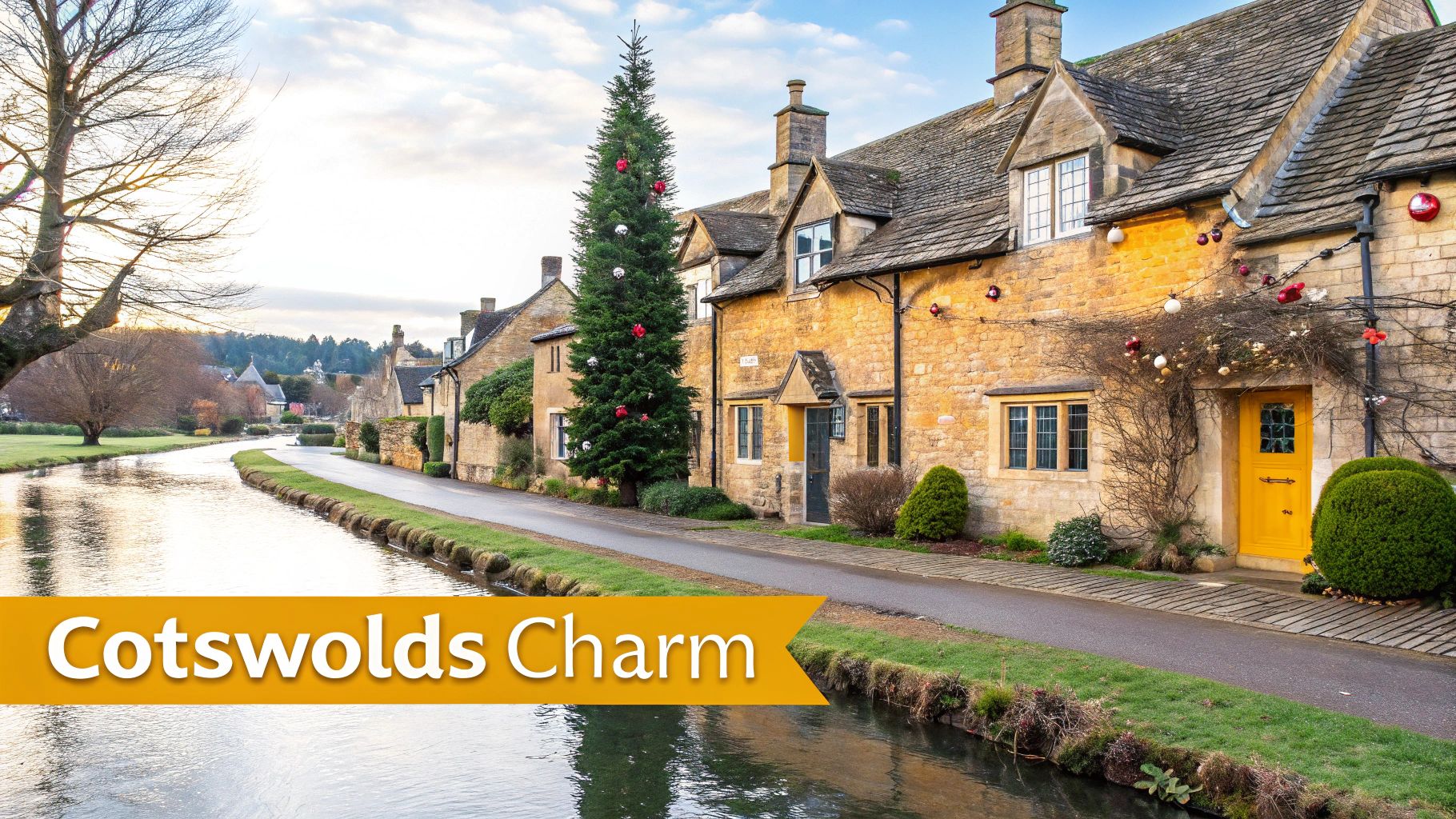 Charming Cotswolds village with traditional stone cottages, a canal, and a decorated Christmas tree in winter.