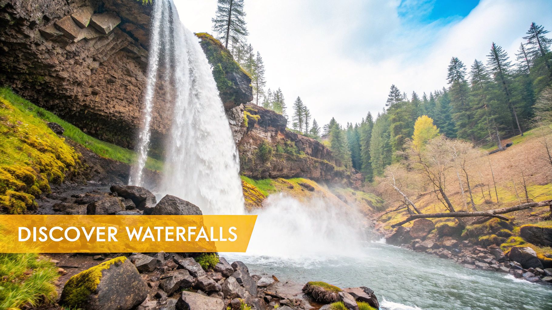 A majestic waterfall cascades over mossy rocks into a rushing river, surrounded by lush green forests under a bright sky.