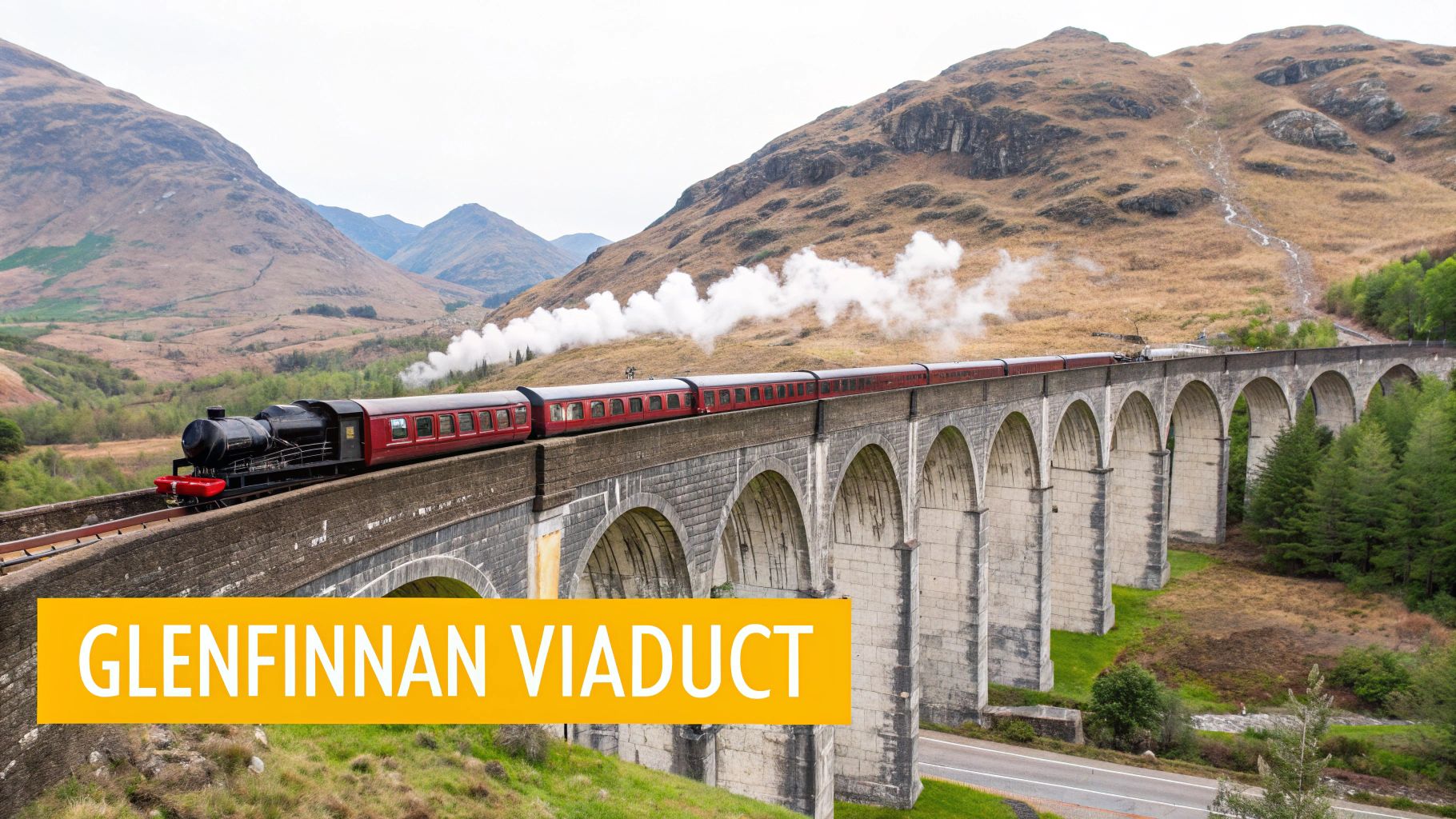 A historic black and red steam train crosses the iconic Glenfinnan Viaduct in the Scottish Highlands.