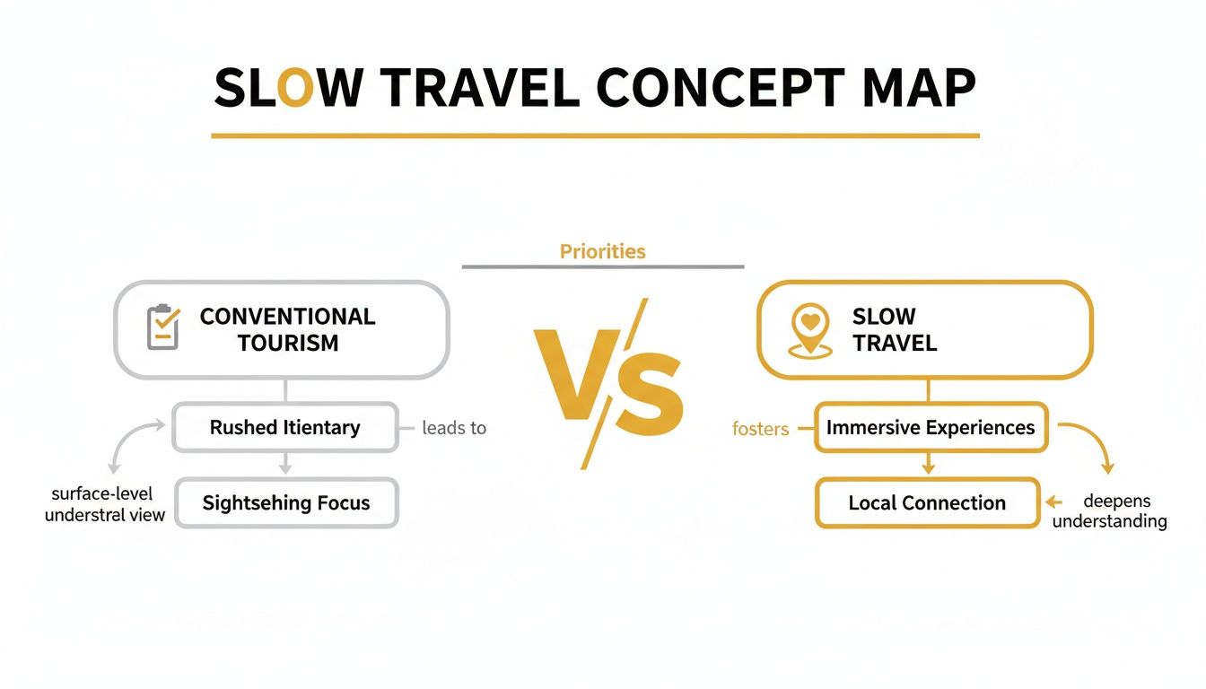 A concept map comparing conventional tourism (rushed itinerary, sightseeing focus) with slow travel (immersive experiences, local connection).