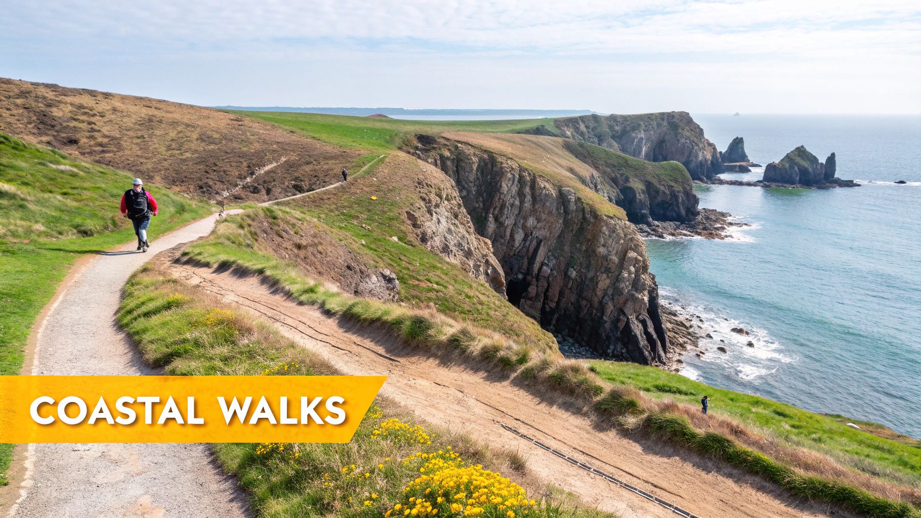 Things to Do in South Wales: A Self-Drive Guide to Top Experiences 3 A person walks along a scenic coastal path overlooking dramatic sea cliffs and the blue ocean.