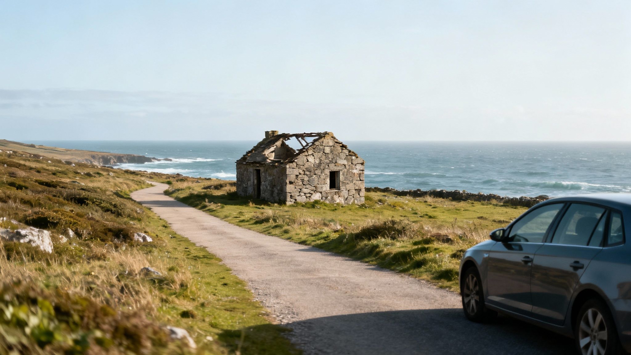 A winding road leading through a lush, green Irish valley towards distant mountains.