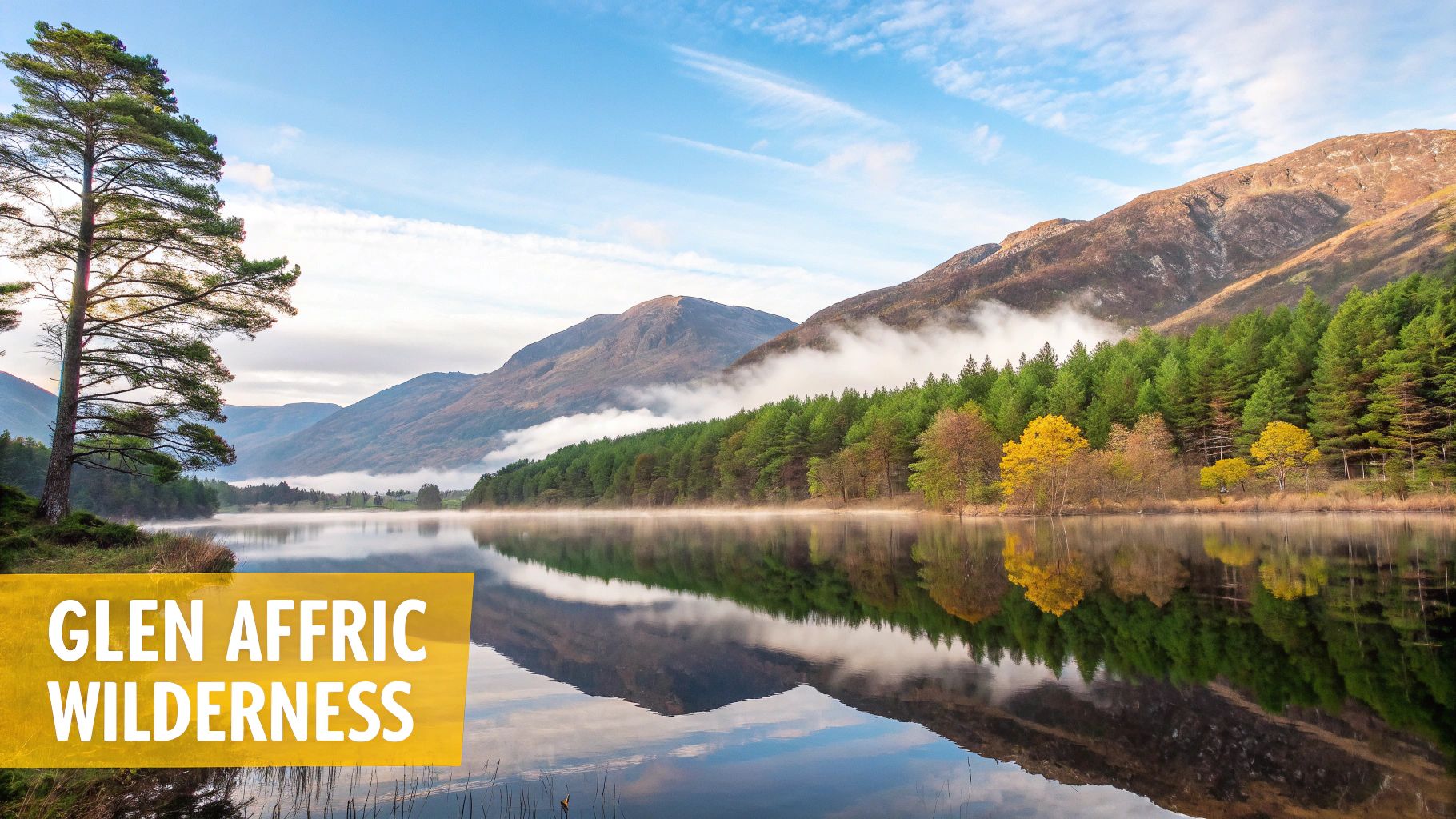 Misty morning scene at Glen Affric Wilderness with a calm lake reflecting mountains and autumn trees.