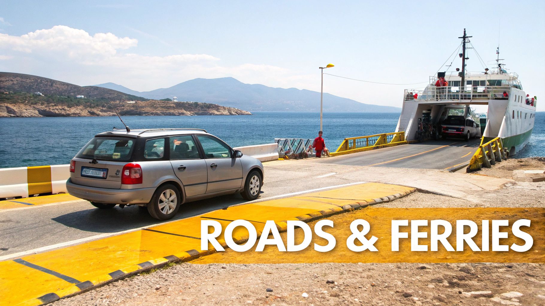 A silver station wagon waits to board a white and green car ferry on a sunny day in Greece.