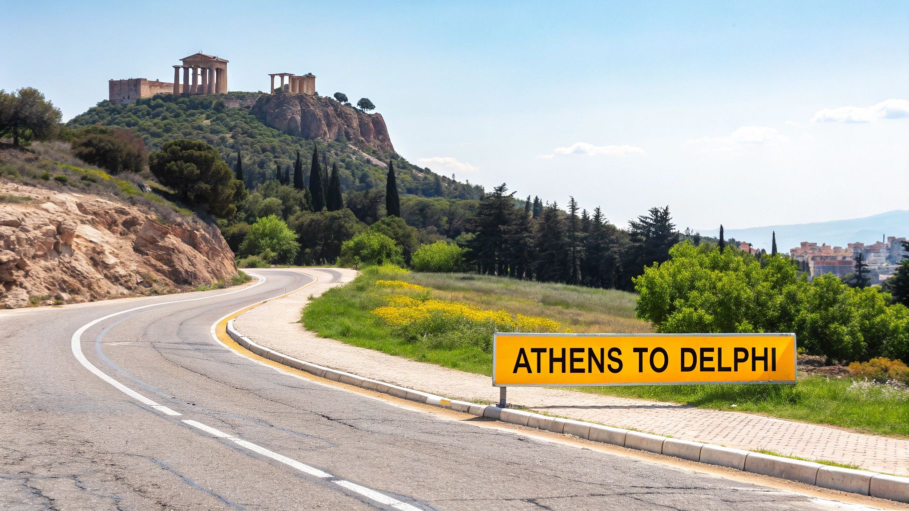 A winding road leading to ancient Greek ruins on a hill, with an 'Athens to Delphi' sign.