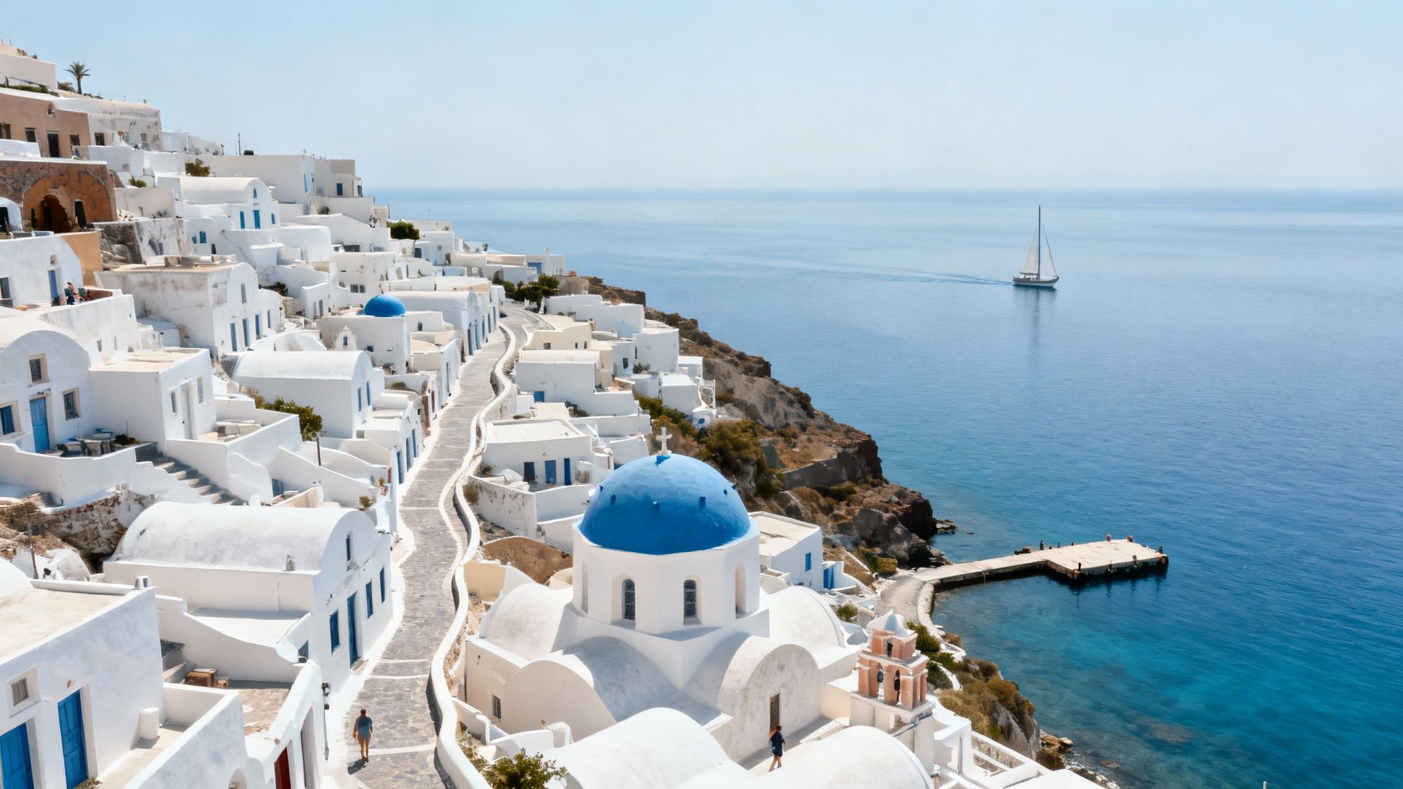 Whitewashed Greek village overlooking the Aegean Sea