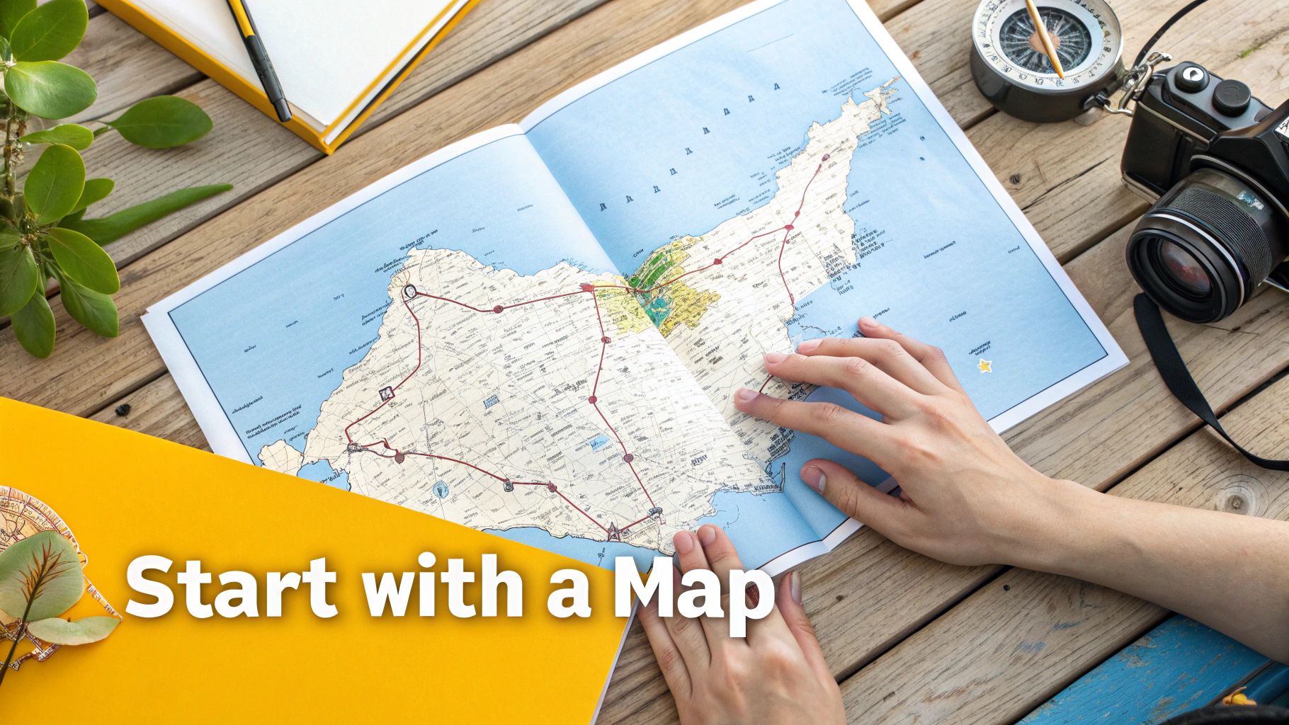 Hands studying a detailed road map on a wooden table with a compass and vintage camera, suggesting travel planning.