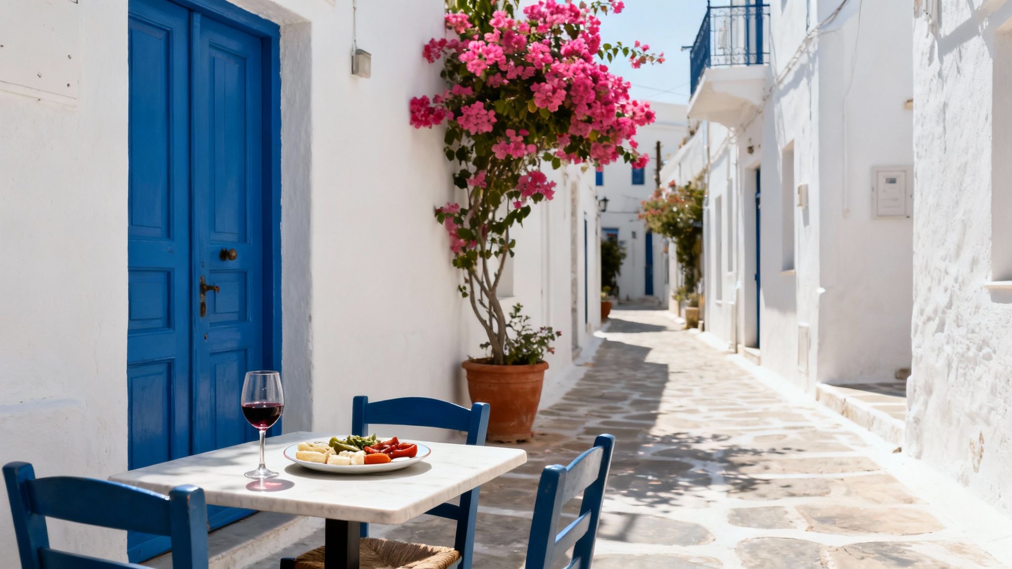 Panoramic view of a Greek island village with white buildings and blue sea