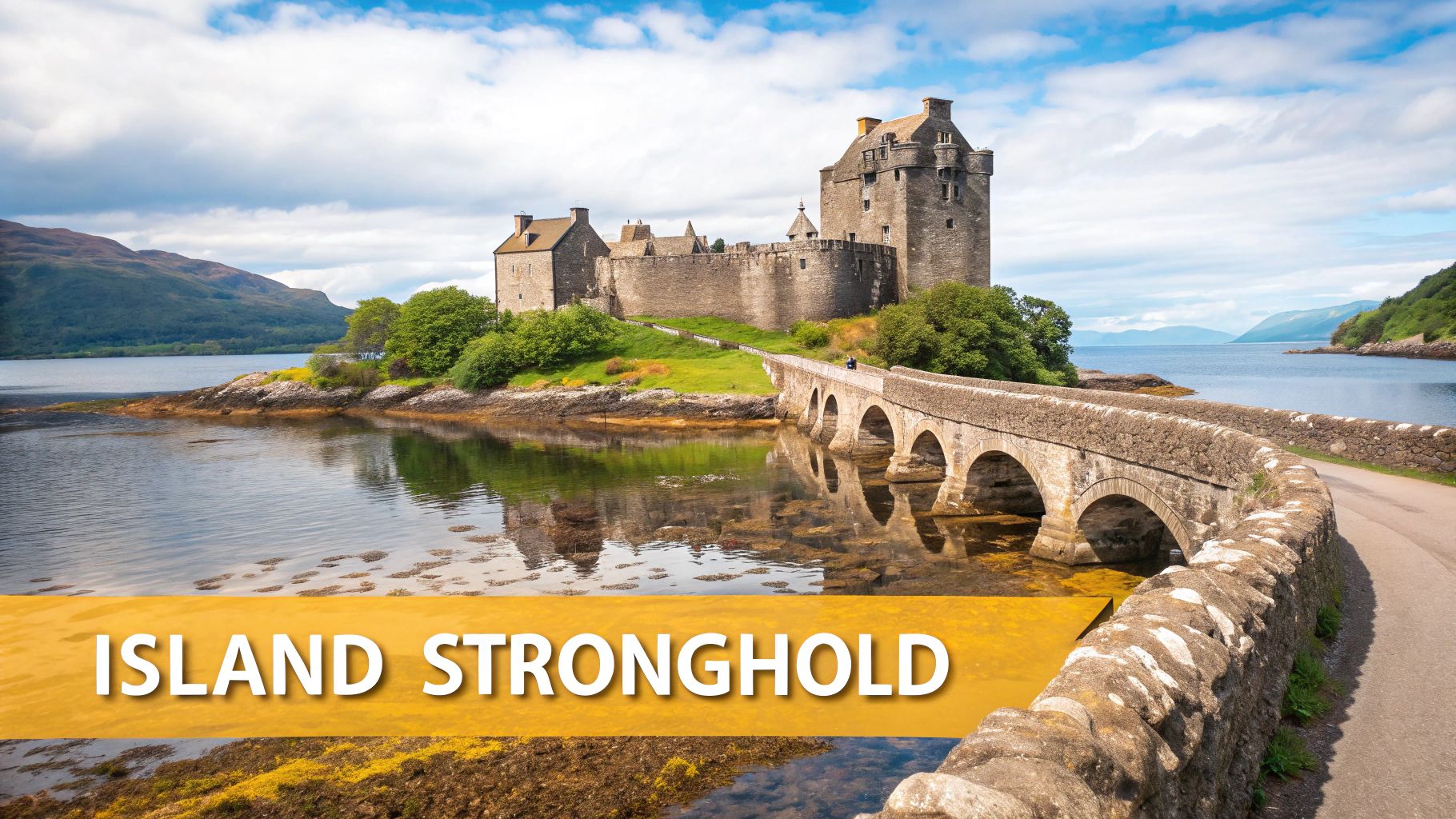 A majestic stone castle on a small island, connected by an ancient arched bridge over a tranquil loch, with mountains and sky.