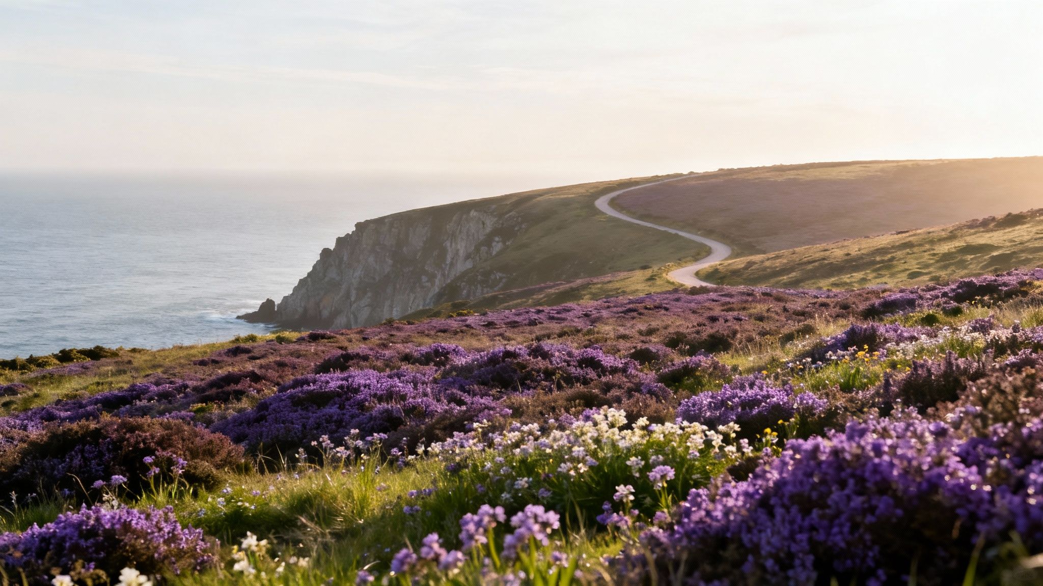 Coastal cliff path winding through purple heather blooms overlooking ocean in Scottish highlands