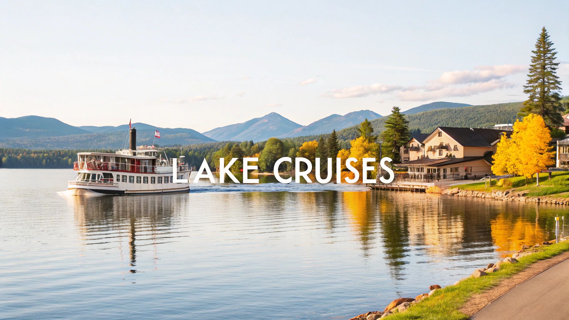 A paddlewheel boat cruises on a scenic lake with mountains, colorful trees, and buildings, promoting lake cruises.
