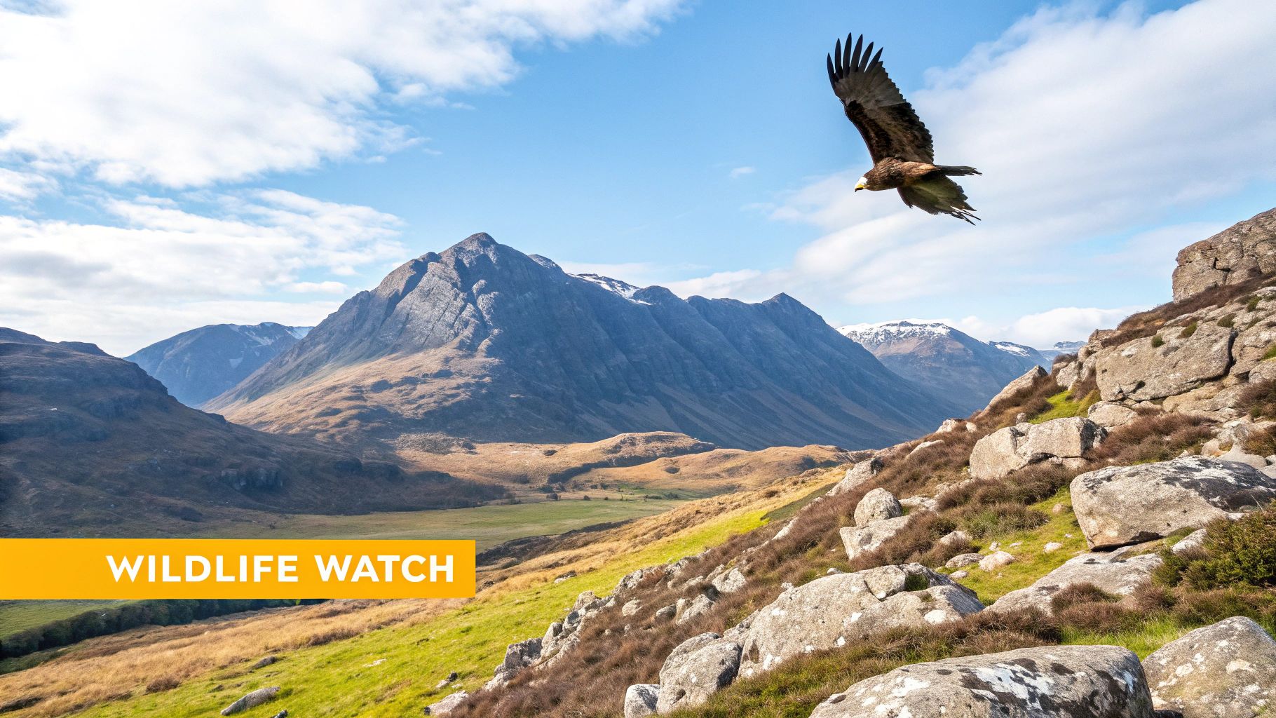 A majestic eagle soars above rugged mountains and valleys on the west coast of Scotland under a blue sky.