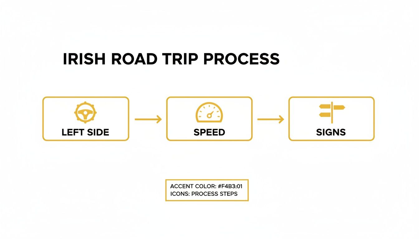 Infographic detailing the three steps of driving in Ireland: left side, speed, and signs.