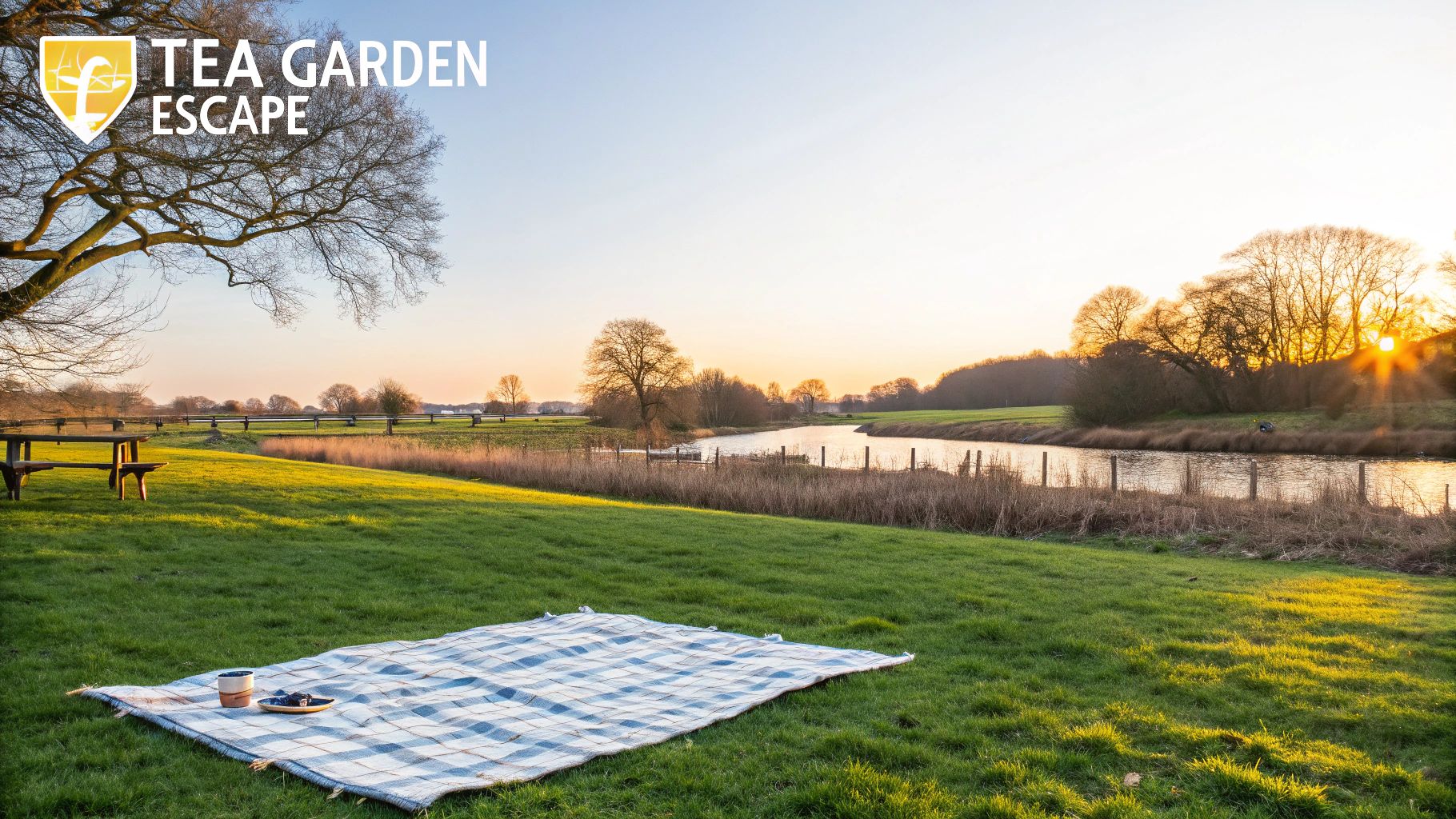 A serene sunset picnic scene with a blanket by a tranquil river and green fields.