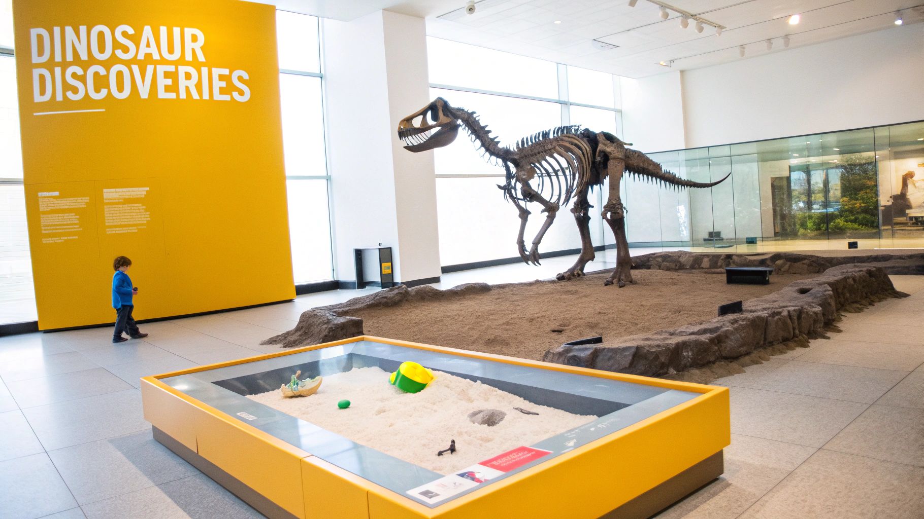 A young child explores a dinosaur exhibit in a bright museum, featuring a large skeleton and a sand table.