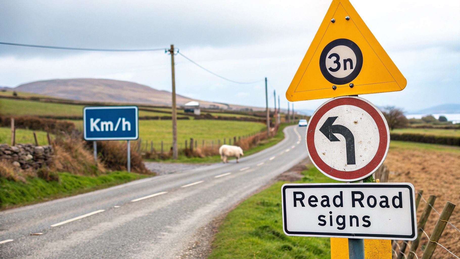 Multiple road signs on a rural Irish road, including 'Km/h', '3n', mandatory left turn, and 'Read Road signs', with a sheep.