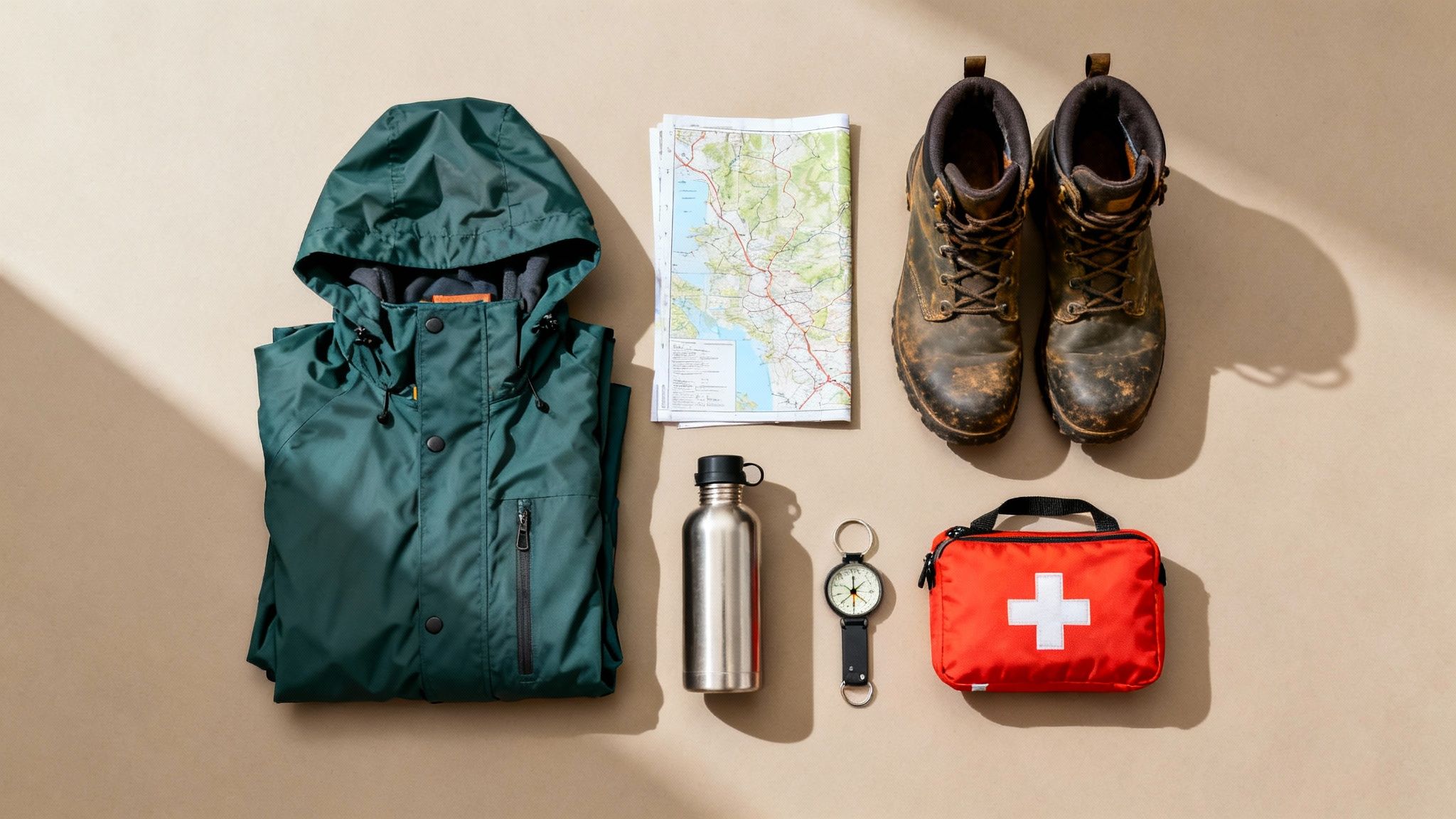 Hiking gear flat lay with boots, jacket, map, water bottle, compass, and first aid kit