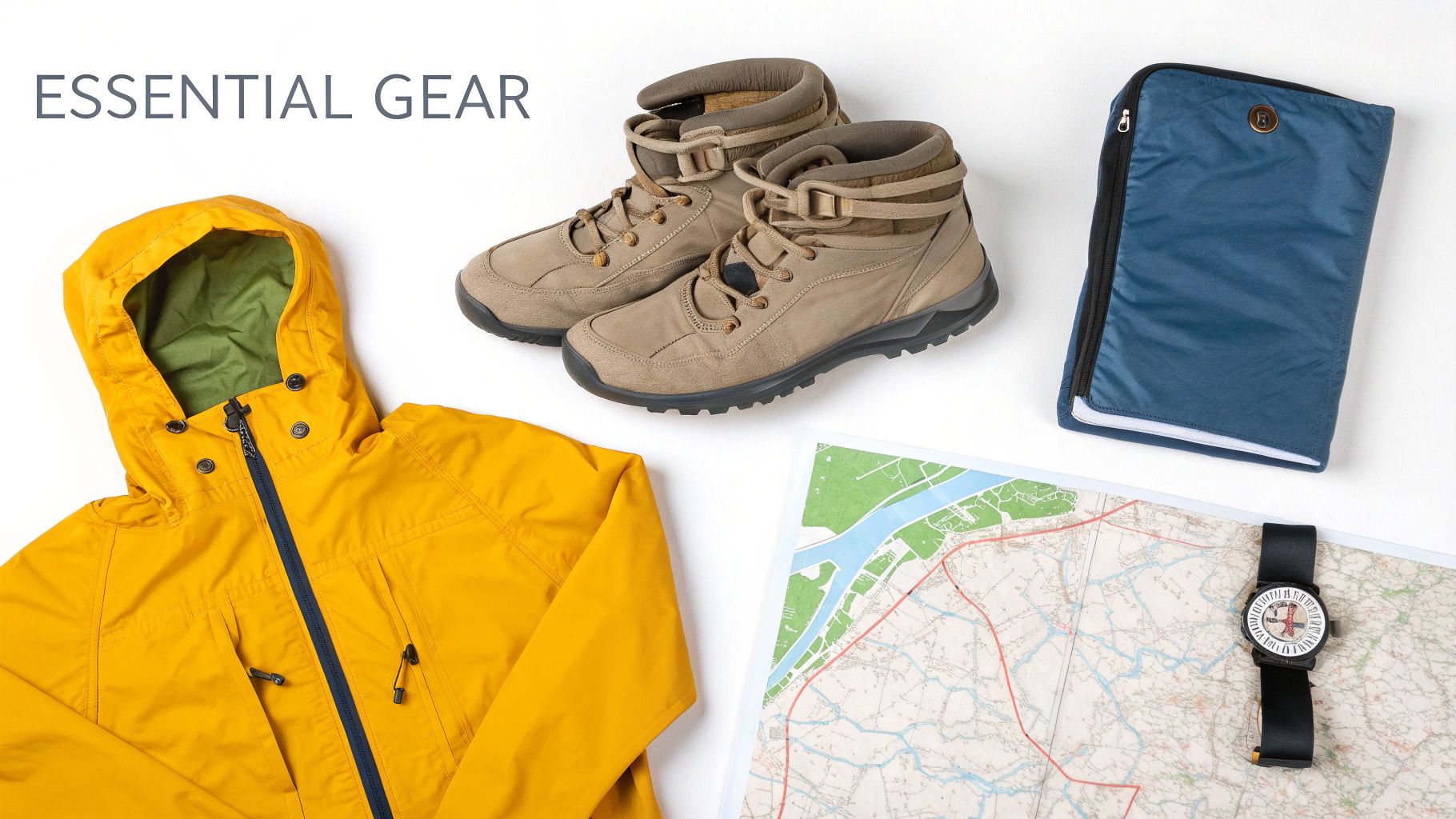 Overhead shot of essential hiking gear including a yellow jacket, hiking boots, map, compass, and blue pouch.