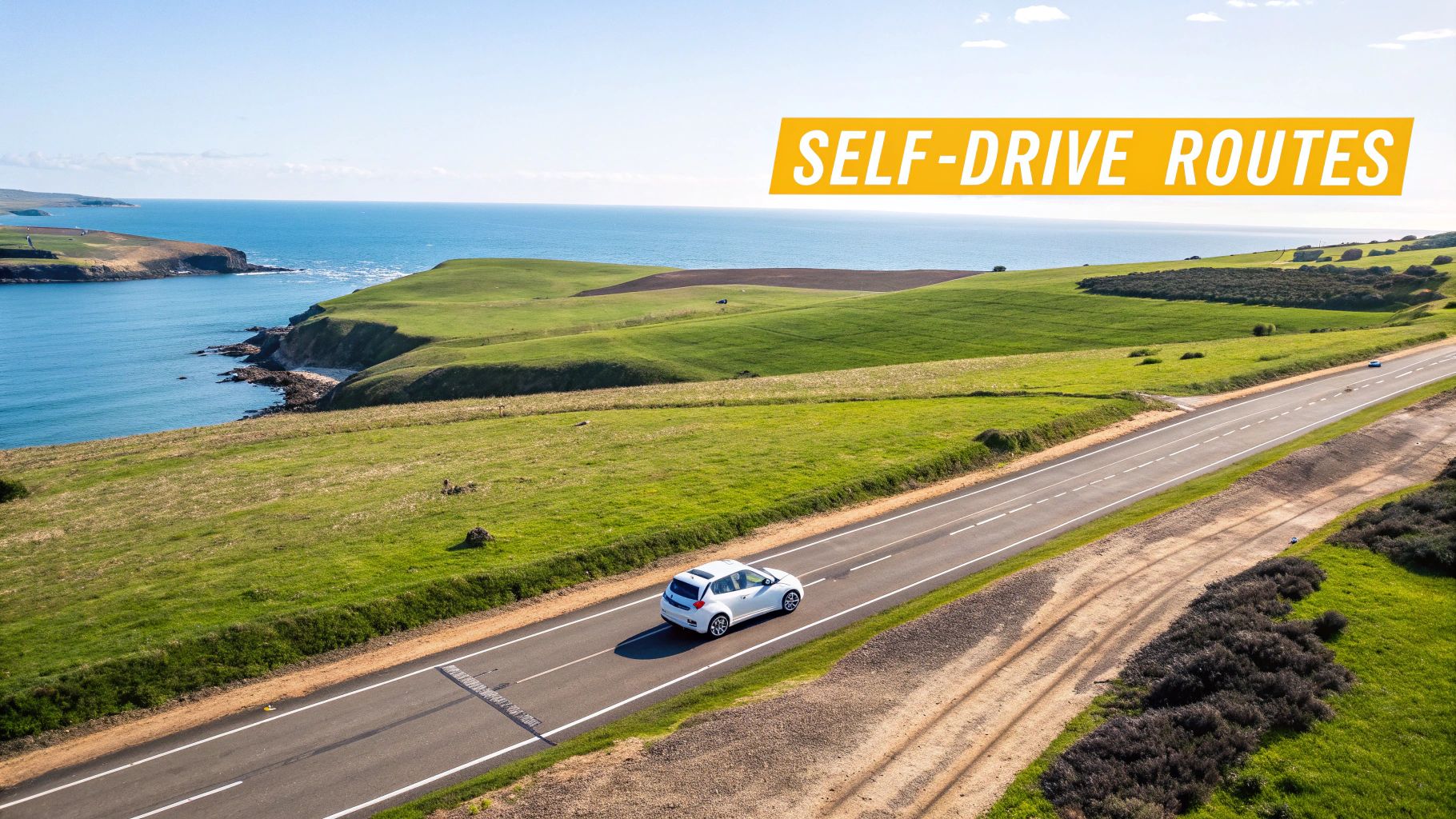 Your Guide to Driving in Eire and Exploring Ireland by Car 6 A white car drives on a scenic coastal road alongside green hills and the blue ocean, with 'SELF-DRIVE ROUTES' text.