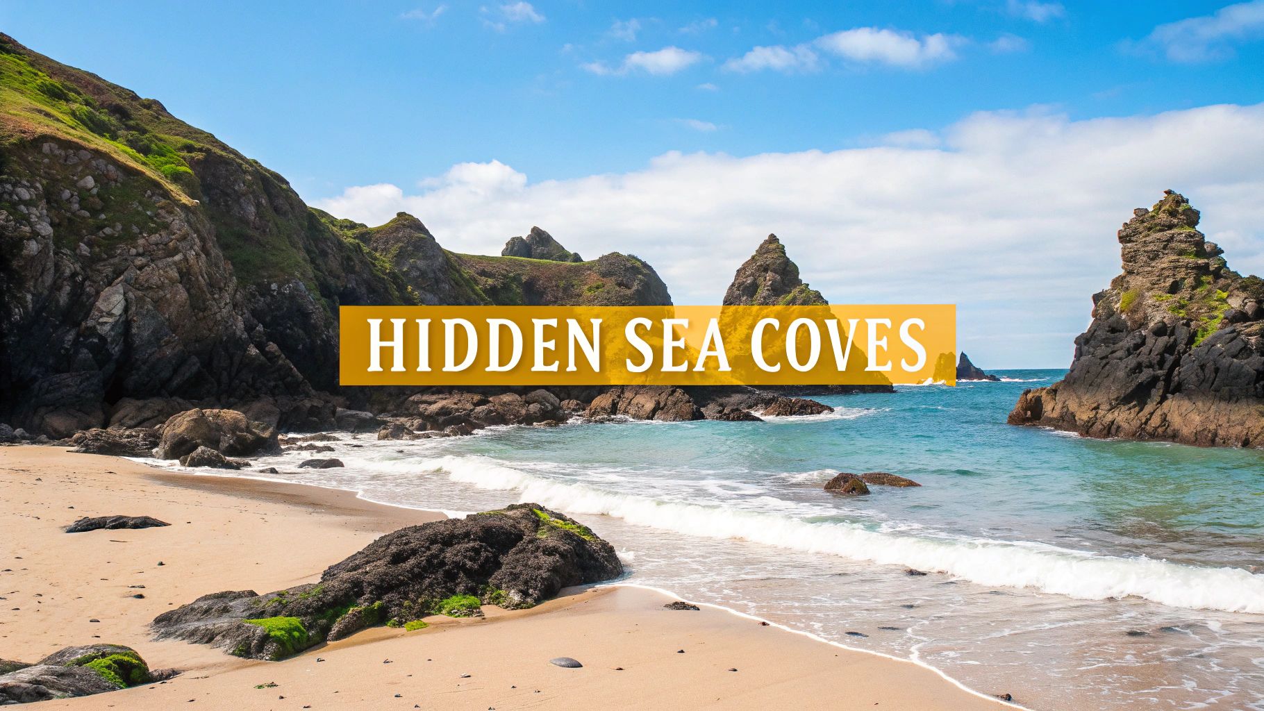 A beautiful sandy beach with turquoise water, rocky cliffs covered in green, and a bright blue sky.