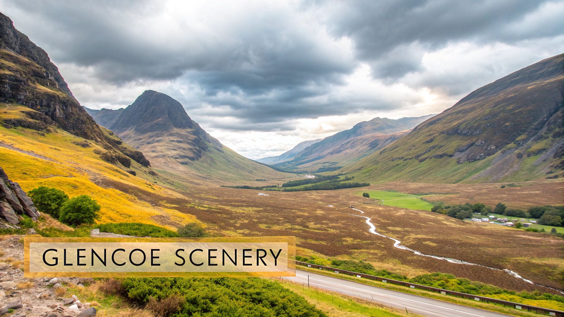 A panoramic view of Glencoe valley in the Scottish Highlands, featuring majestic mountains, a winding river, and a road under a dramatic sky.