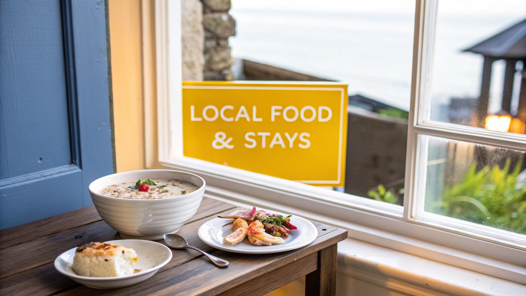 Delicious local food and dessert on a wooden table by a window with a 'LOCAL FOOD & STAYS' sign.