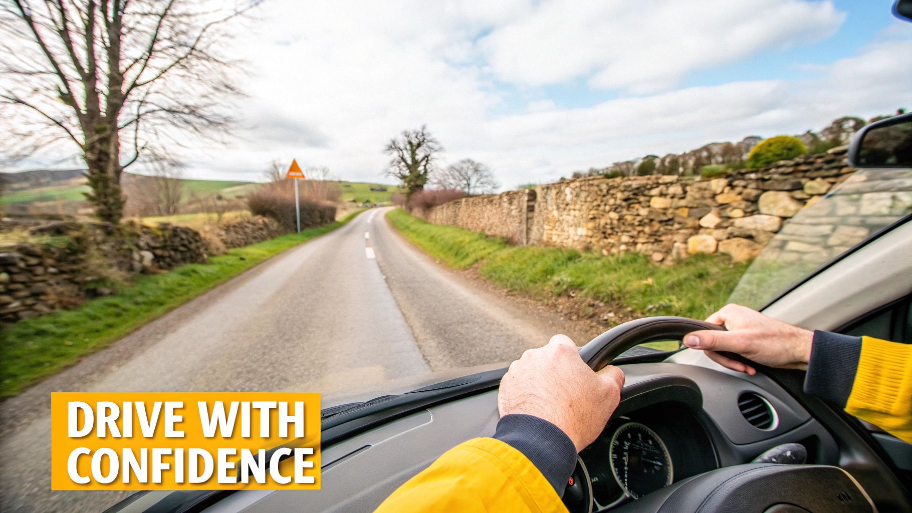 Your Guide to Driving Tours of Ireland 5 View from a car driving on a narrow, winding road through green Irish countryside