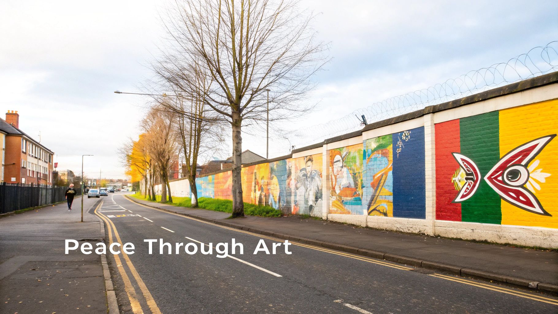Vibrant peace murals on a long wall with barbed wire, beside a street with bare trees and a pedestrian.