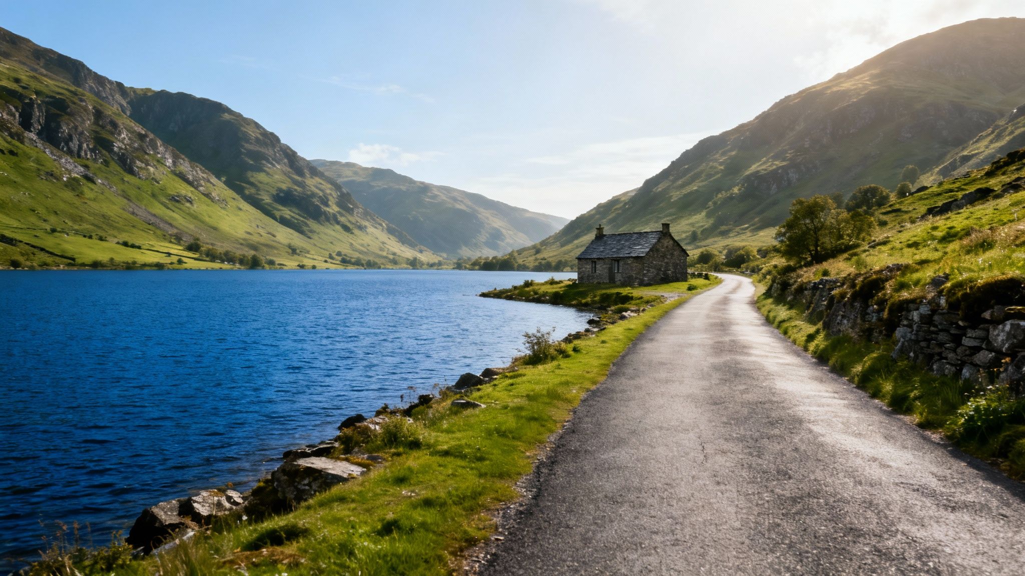 A scenic view of a winding road through the Lake District, with mountains and a lake in the background.
