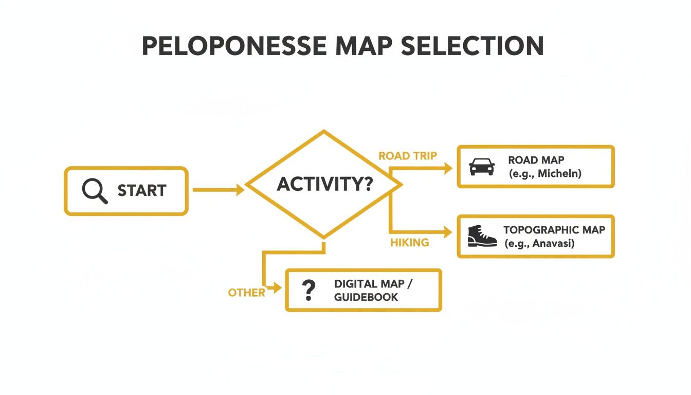Flowchart illustrating Peloponnese map selection based on activity, guiding users to road, topographic, or digital maps.