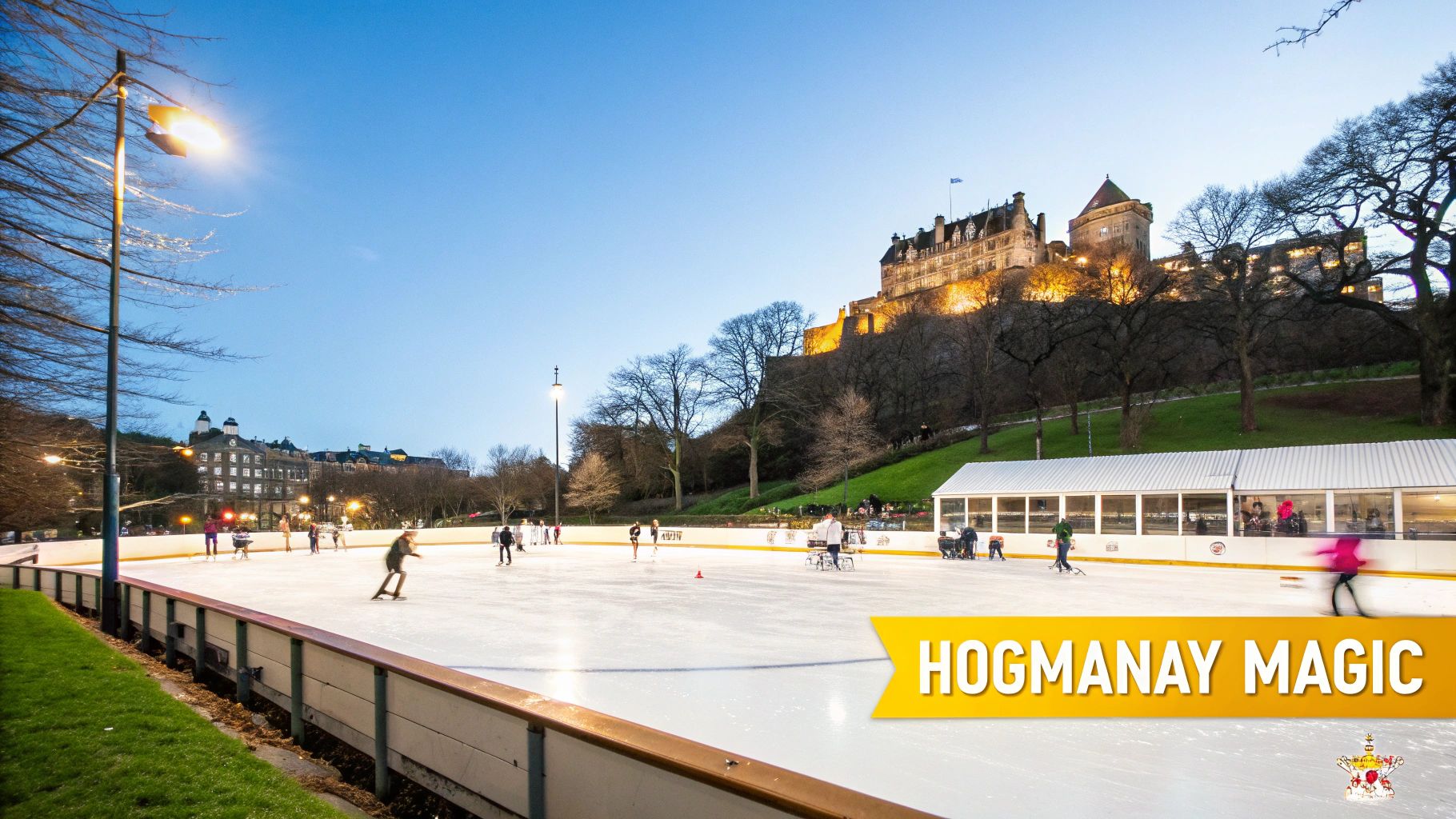 People ice skating at an outdoor rink in Edinburgh, Scotland, with the illuminated castle in the background.