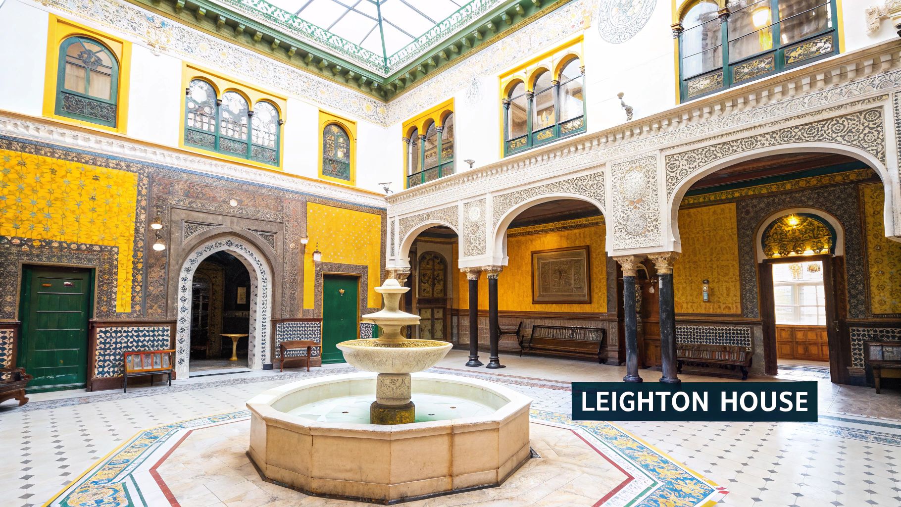 Beyond the Big Ben: 10 Unusual Places to Visit in London for 2025 3 Ornate Moorish-style interior courtyard of Leighton House with a central fountain, arches, and vibrant yellow walls.