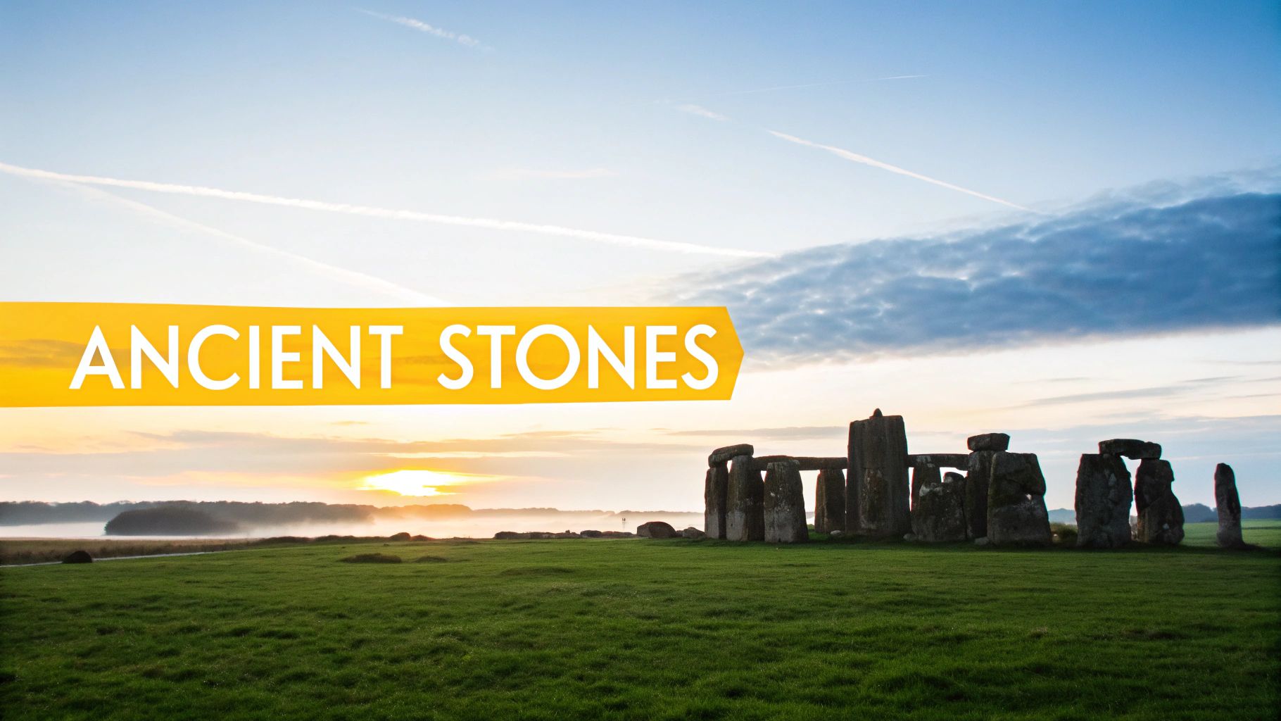 Sunrise view of Stonehenge, ancient stone monument, with a green field and distant mist.