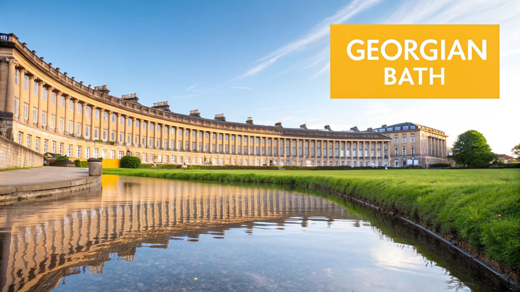The Royal Crescent in Bath, a grand curved Georgian building, reflected in calm water under a blue sky.
