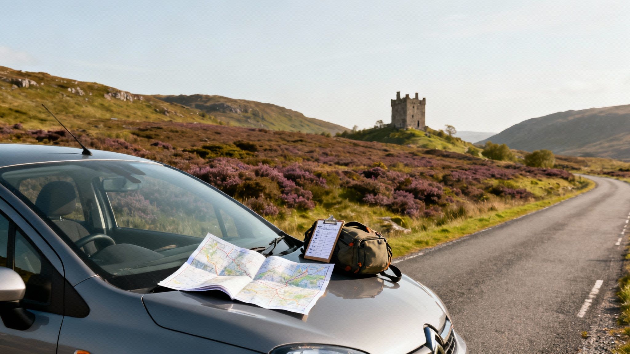 Your Ultimate Scotland Highland Tour Self-Drive Guide 3 A scenic road winding through the dramatic, green mountains of the Scottish Highlands under a cloudy sky.