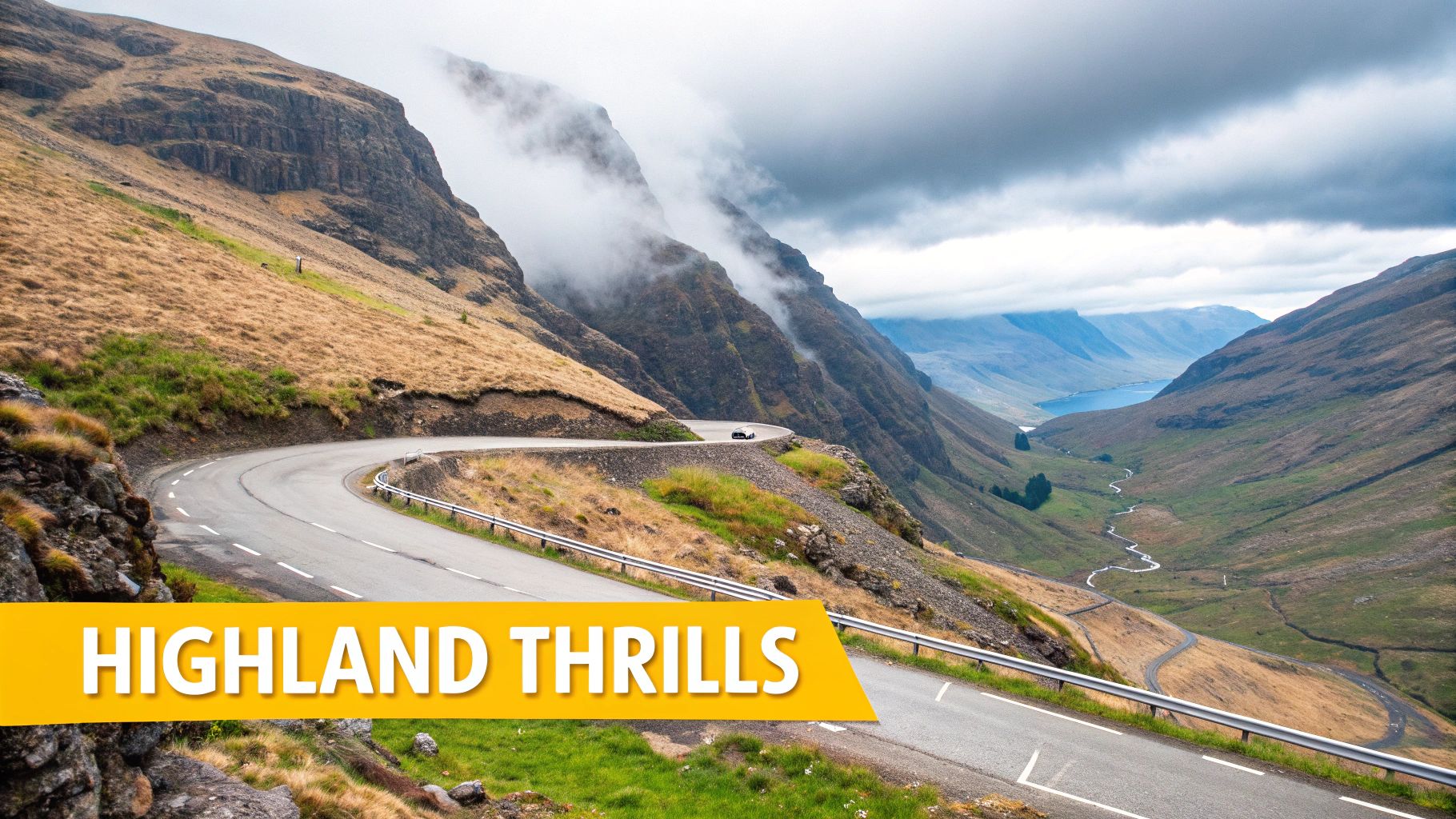 A winding single-track road, the Bealach na Bà, curving steeply up a green and brown mountain landscape under a cloudy sky.