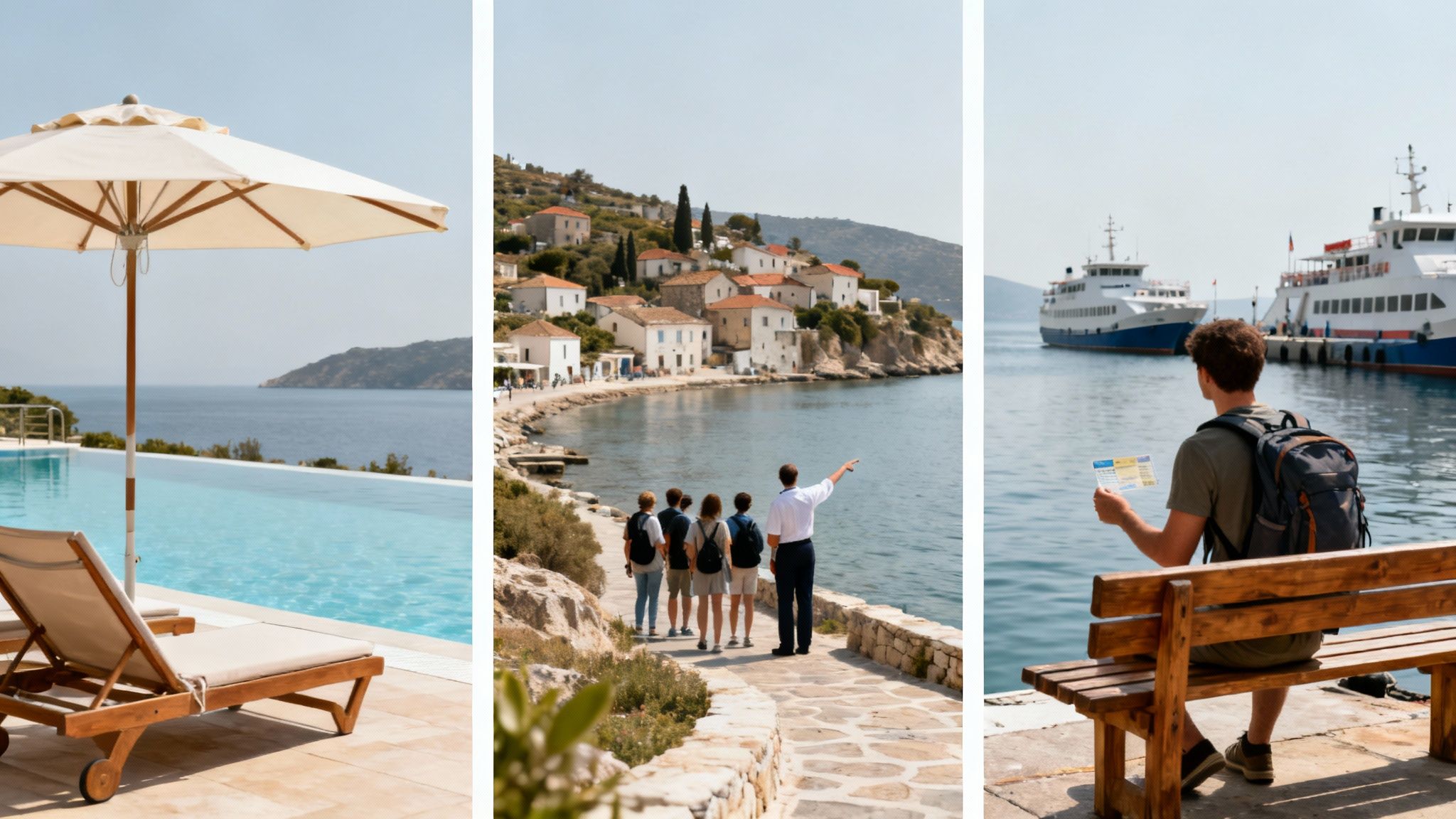 Friends enjoying a ferry ride between Greek islands