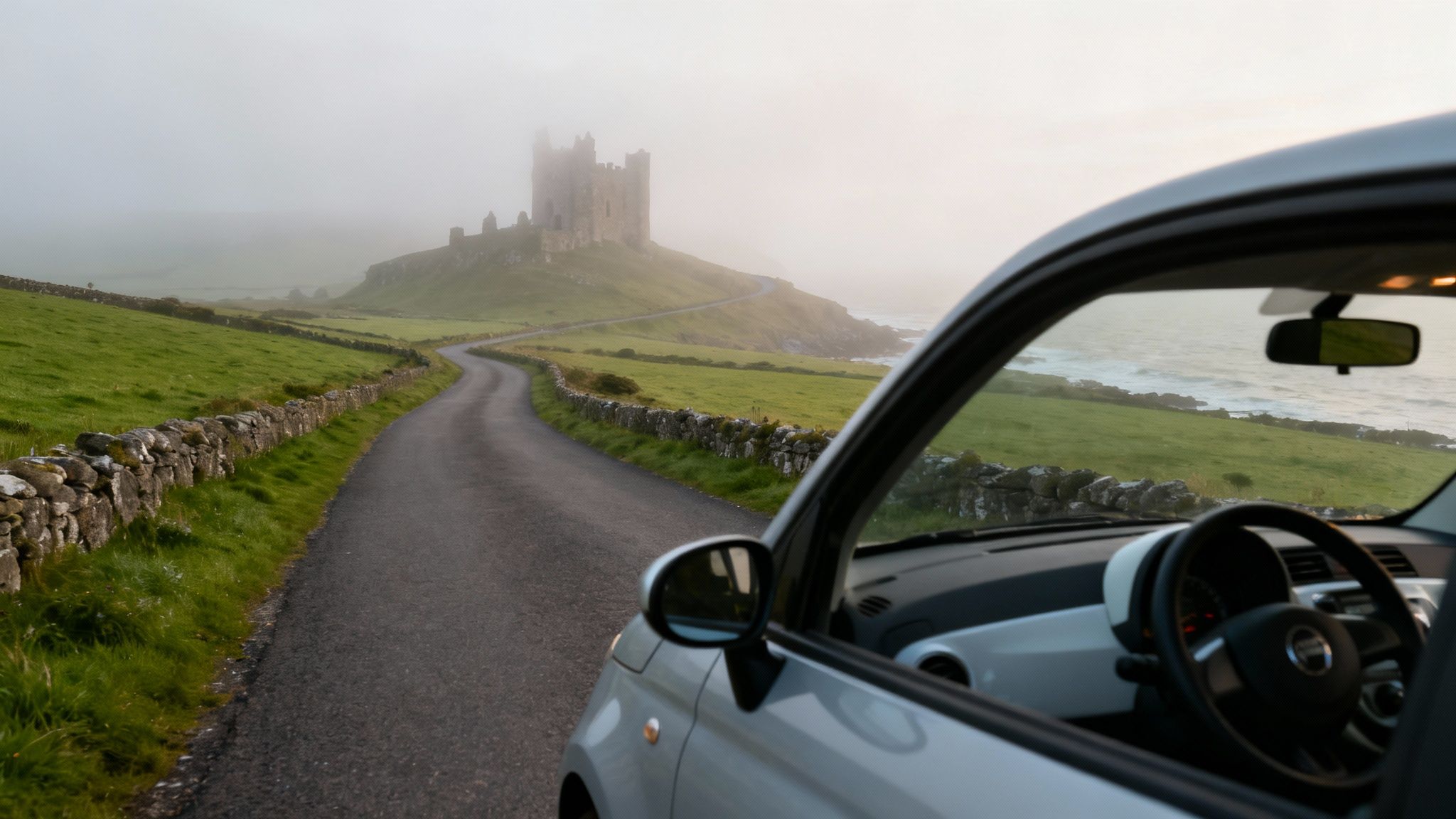A car driving on a scenic, winding road along the Irish coast with green hills in the background.