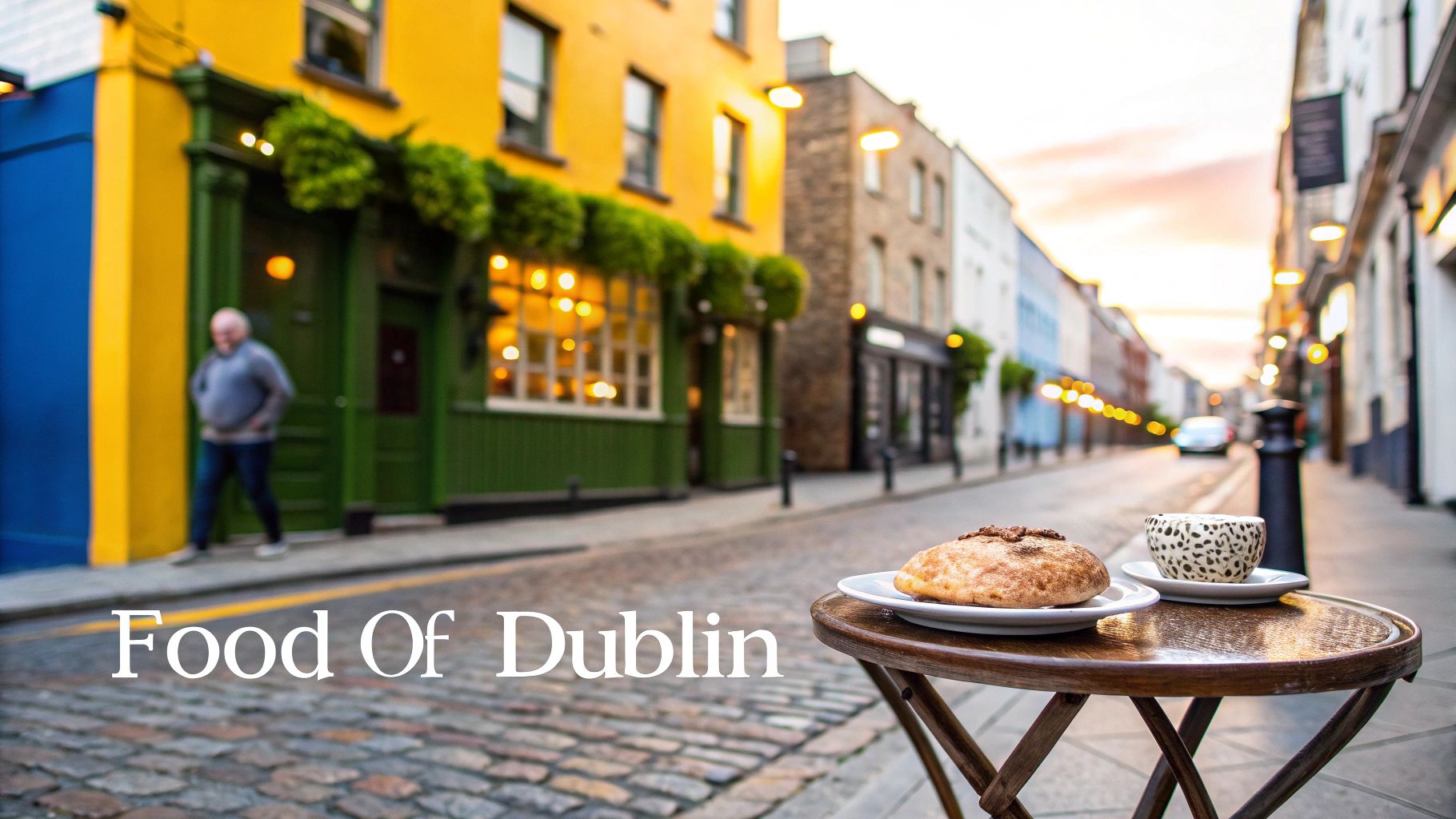 A pastry and patterned coffee cup on an outdoor table on a cobbled Dublin street with colorful buildings.