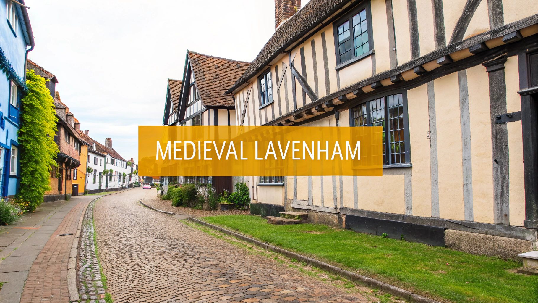 A charming cobbled street lined with colorful medieval timber-framed houses in Lavenham.